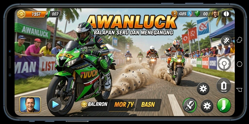 Screenshot gameplay <strong>AWANLUCK</strong> menampilkan aksi balapan yang mendebarkan.