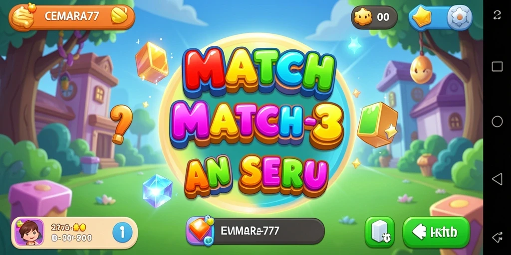 Screenshot gameplay CEMARA77 menunjukkan suasana permainan Match-3 yang seru.