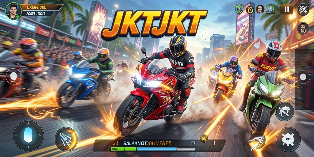 Screenshot utama JKTJKT menampilkan aksi balapan yang mendebarkan dan motor kustom.