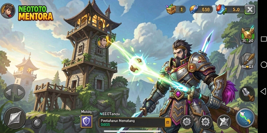 Screenshot gameplay NEOTOTO yang menunjukkan serangan menara.