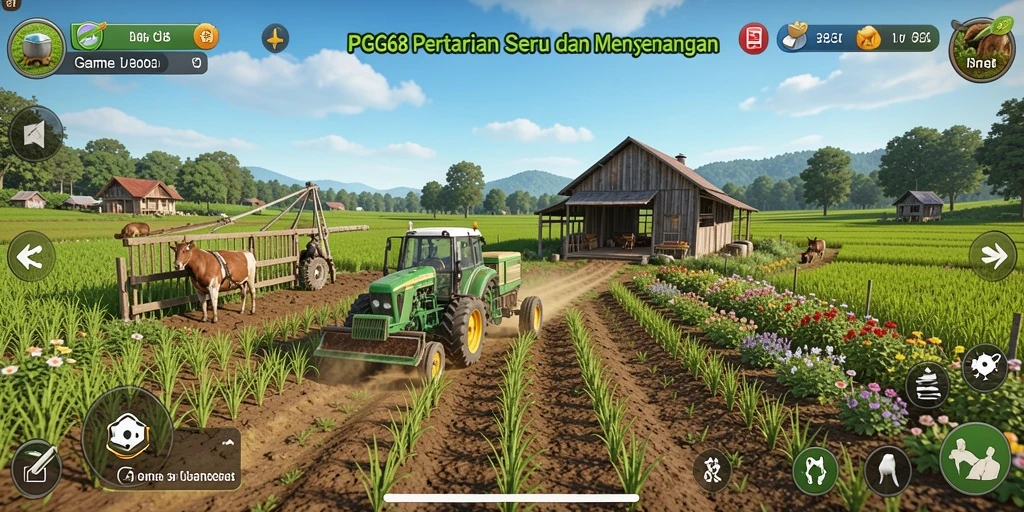 Gameplay PGG68 menampilkan suasana pertanian yang hidup dan interaktif.