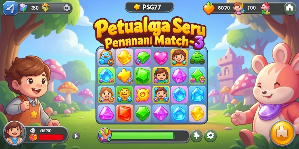 Screenshot PSG77 menunjukkan gameplay seru dengan kombinasi warna-warni Match-3.