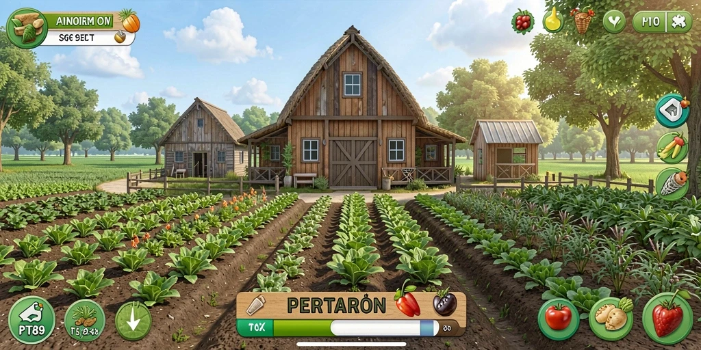 Screenshot gameplay PT89 menampilkan kebun yang penuh warna dan tanaman yang subur.