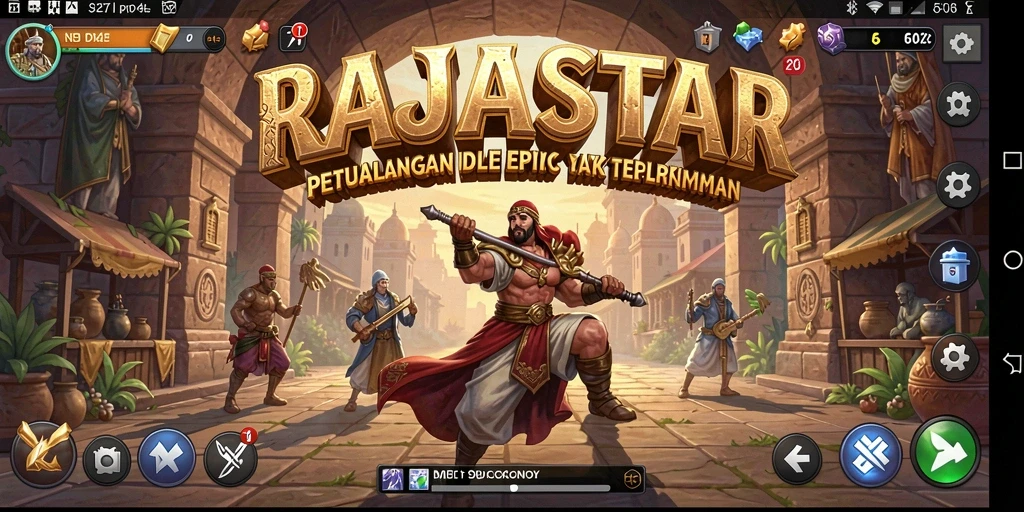 Screenshot gameplay RAJASTAR yang menunjukkan proses pengembangan kerajaan Idle.