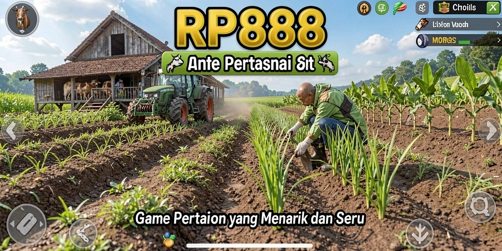 Screenshot gameplay RP888 menampilkan petani yang merawat ladang dengan hasil panen yang melimpah.
