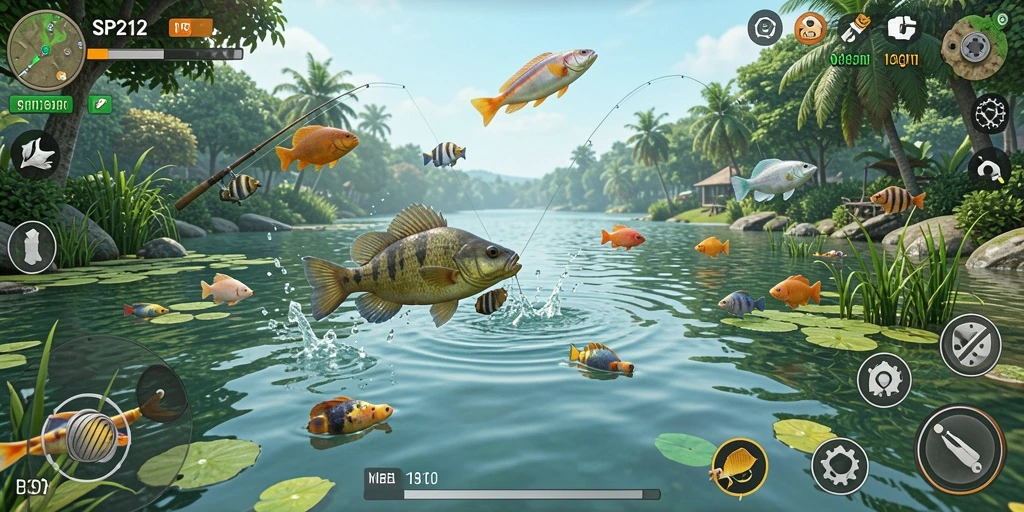Tampilan gameplay SP212 yang menampilkan aksi memancing yang mendebarkan.