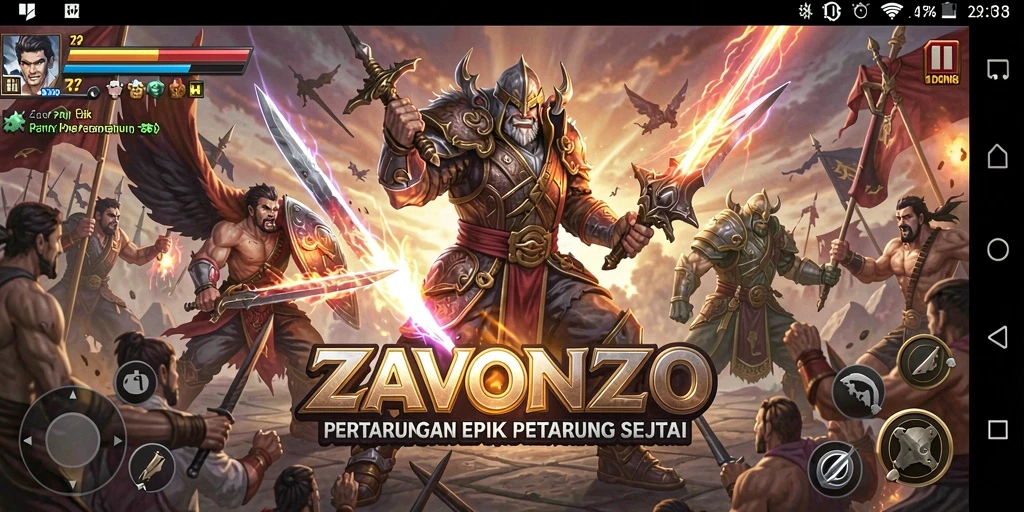 Tampilan utama ZAVONZO menampilkan pertarungan seru antar karakter.